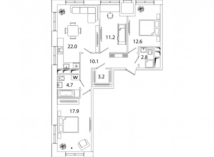 Трёхкомнатная квартира 84.5 м²