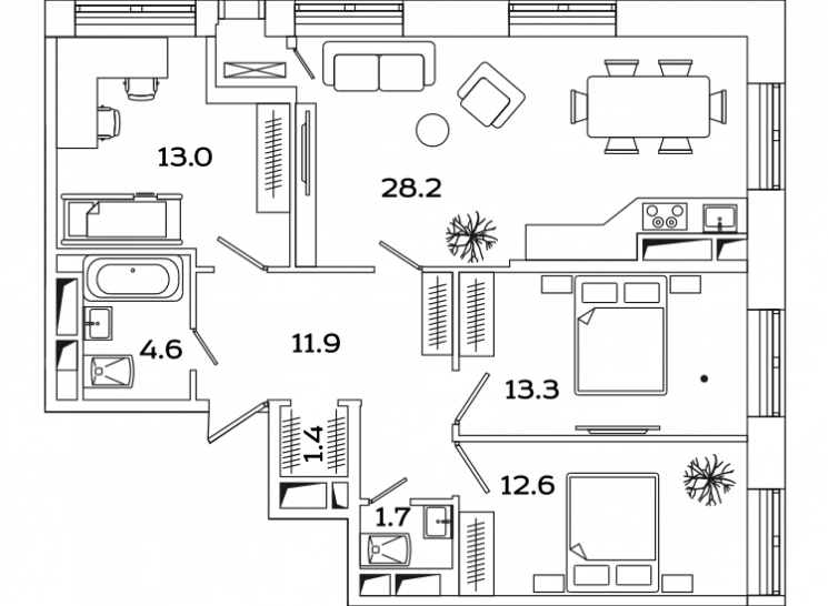 Трёхкомнатная квартира 86.5 м²
