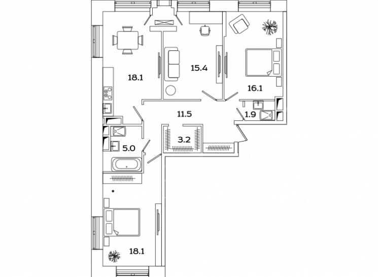 Трёхкомнатная квартира 89.2 м²
