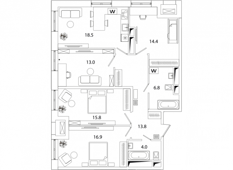 Четырёхкомнатная квартира 103.07 м²