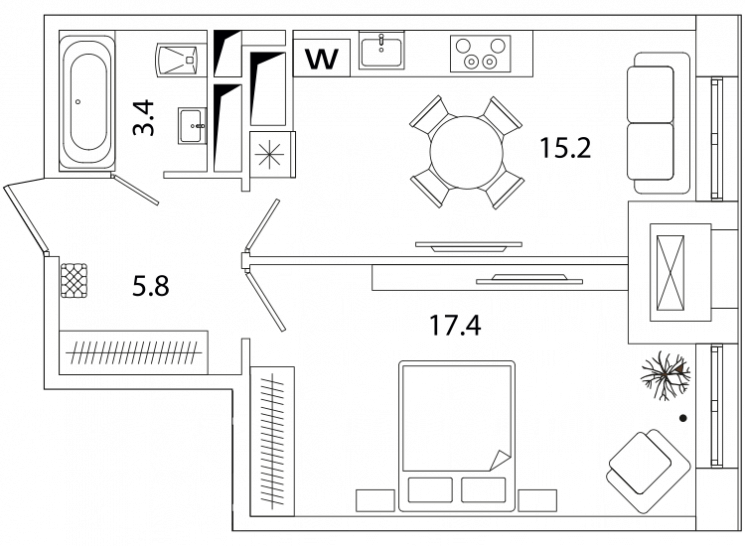 Однокомнатная квартира 41.78 м²