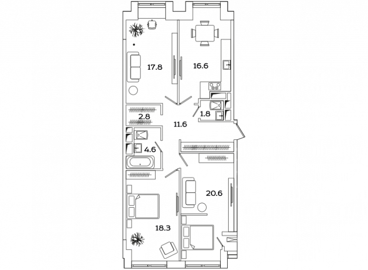 Трёхкомнатная квартира 94.1 м²