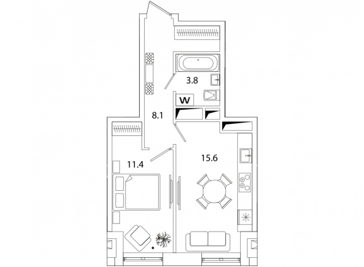 Однокомнатная квартира 38.9 м²