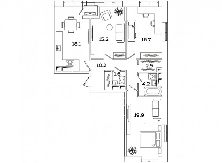 Трёхкомнатная квартира 88.4 м²